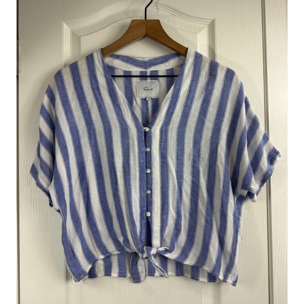 Rails Thea Pacifica Stripe Tie Front Button Blouse Women's XS Linen Blend